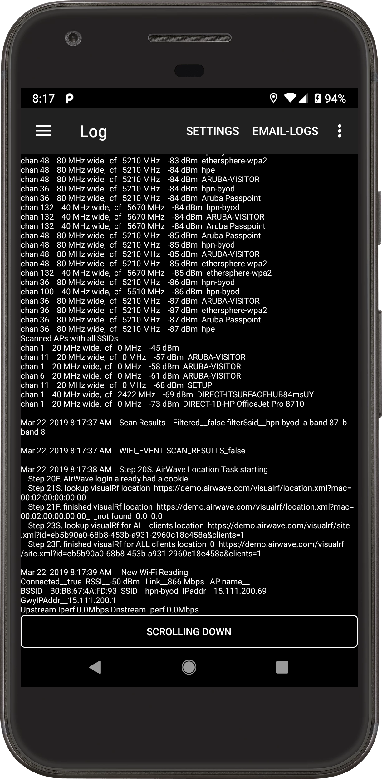 March 2023 Log screen in Aruba Utilities