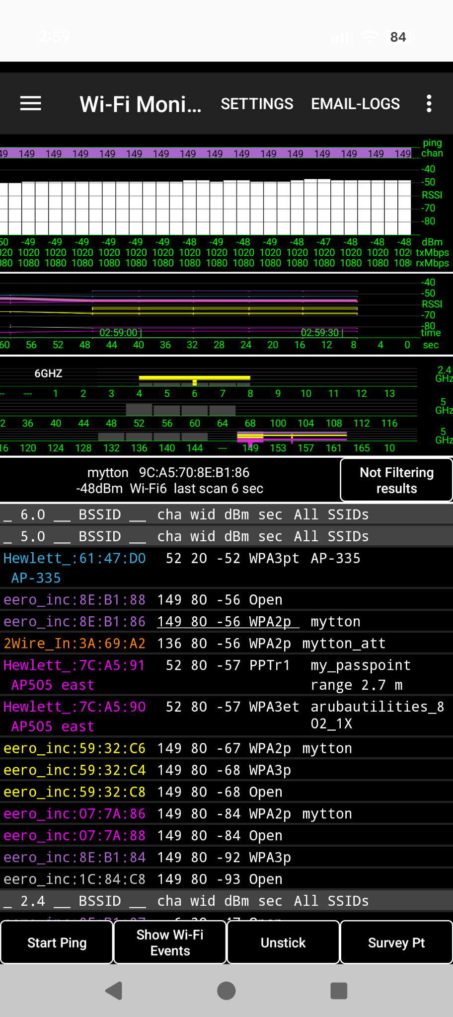 Wi-Fi Monitor BSSID list showing AP-335 below a BSSID and range 2.7 m beside an FTM responder
