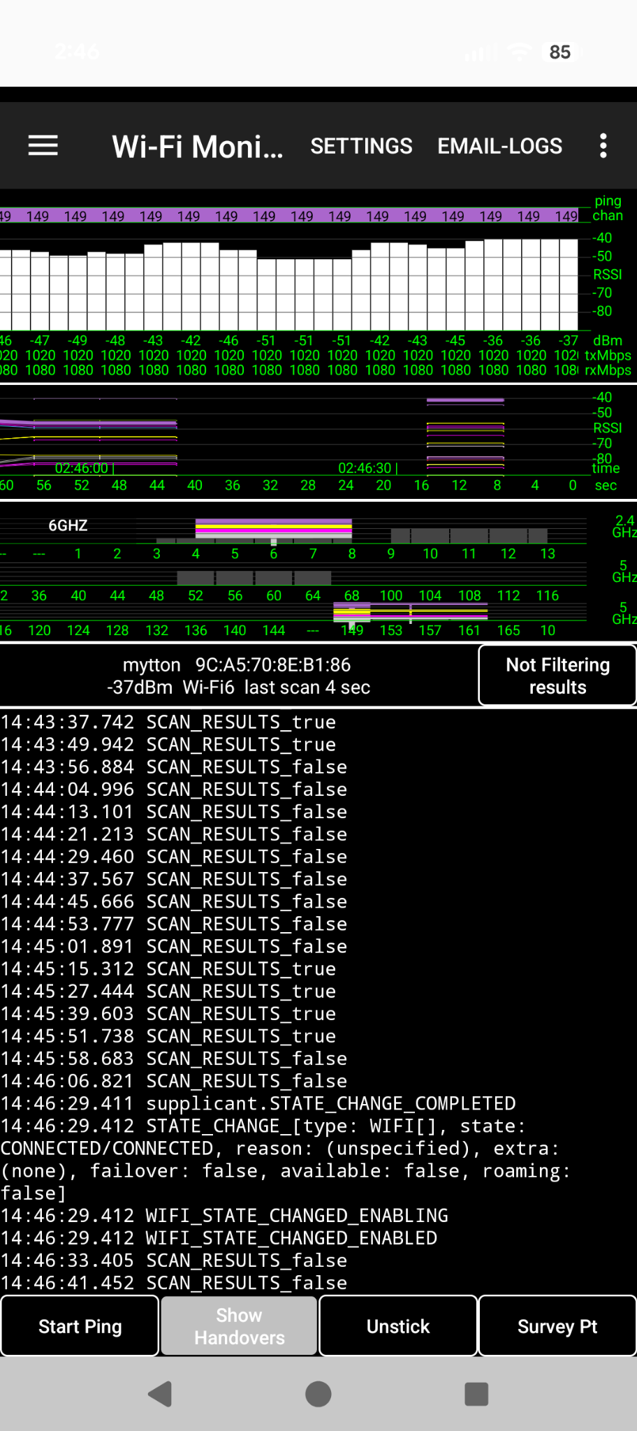 September 2026 Wi-Fi Monitor event log with scan and wpa_supplicant messages; bottom button says Show Handovers