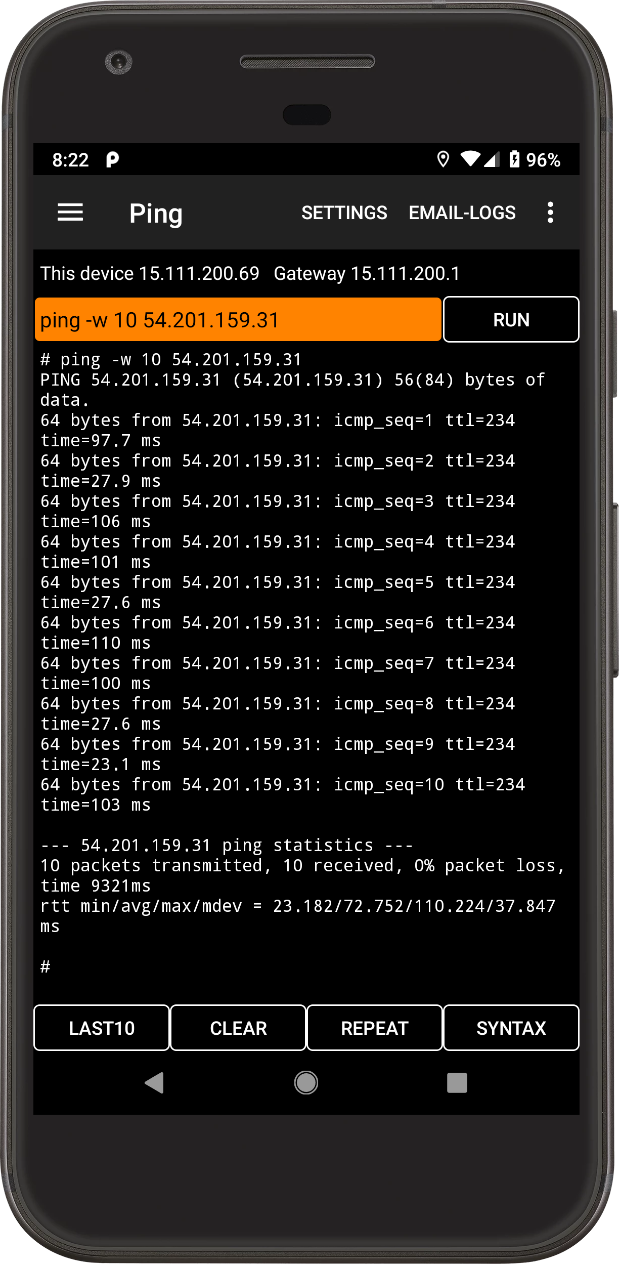 March 2023 Ping screen in Aruba Utilities
